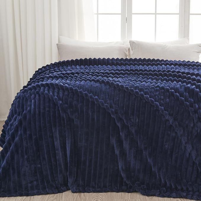 NEWCOSPLAY Fleece Ribbed Cozy Twin Blanket for Couch, Dark Navy, 60"x80" | Premium Silky Flannel Blanket, Soft Lightweight Fluffy Throw Blanket for Bed Sofa Decor, Gift for All Season Use