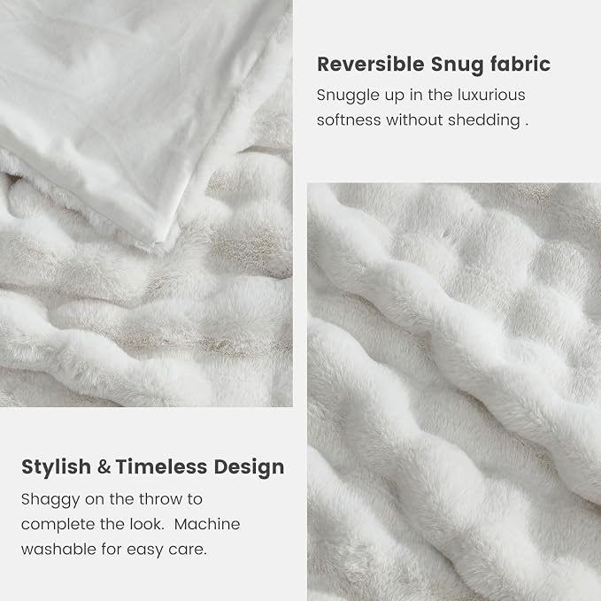 Cozy Bliss Faux Fur Throw Blanket for Bed King Size, Fuzzy Soft Plush Thick Bubble Blanket for Sofa Bedroom Living Room, 108 * 90 Inches Cream White