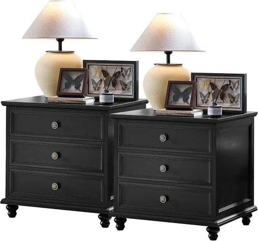Joaxswe 24" Wide Farmhouse Night Stand Set of 2,Large End Table with 3 Drawers & Metal Handle,Black Wood Dresser for Bedroom,Bed Side Table Chest of Drawers Cabinet,Nightstand for Living Room,Closet