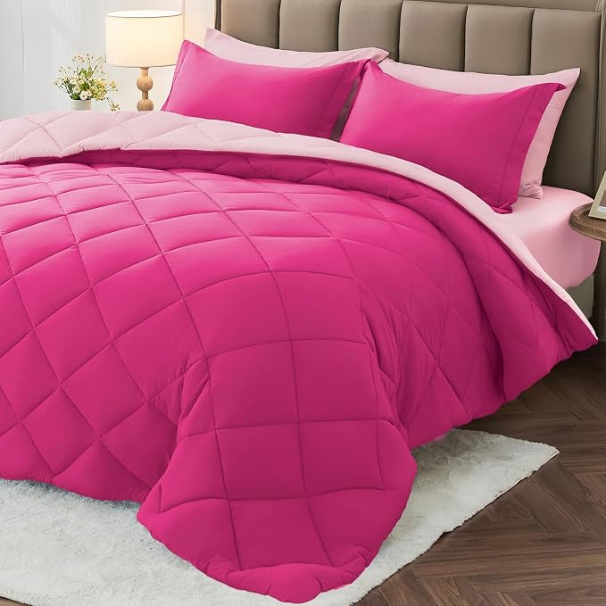 7 Pieces Oversized King Comforter Set, Reversible Bed in a Bag Oversized King Size, All Season Bedding Set with Comforter, Flat Sheet, Fitted Sheet, Pillowcases & Shams, Hot Pink & Baby Pink