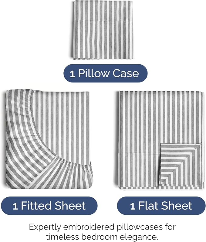 Twin XL Size 3 Piece Sheet Set - Soft & Cooling Bed Sheets - Grey Stripes 1 | Fits 8 Inch to 16 inch Mattress, Wrinkle Free & Fade Resistant with Deep Pockets, Breathable, Comfy Hotel Luxury Bedding