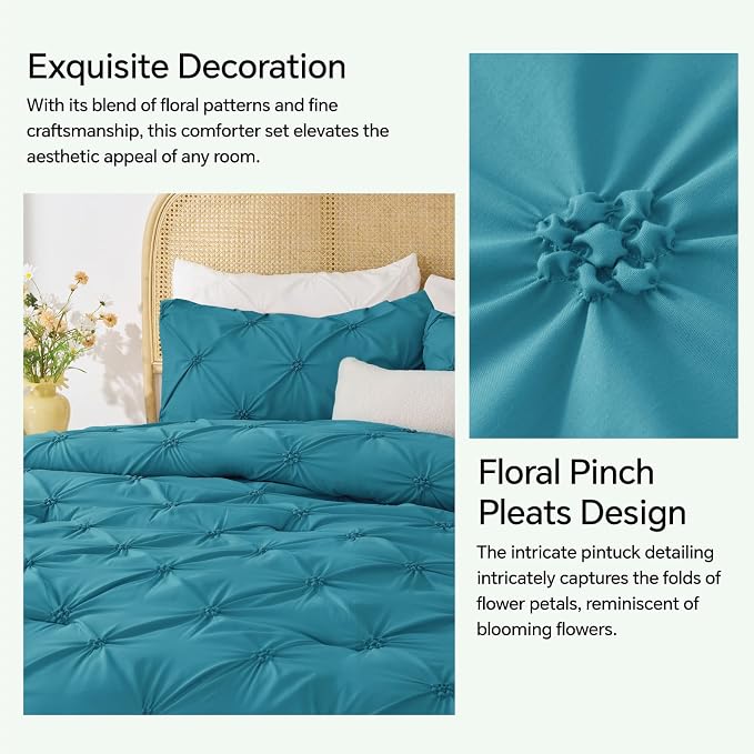 BEDELITE Twin Comforter Set Teal,Lightweight & Soft Comforter | Pintuck Boho Bedding, Warm & Cute Bed Set for All Season,With 1 Pillowcase