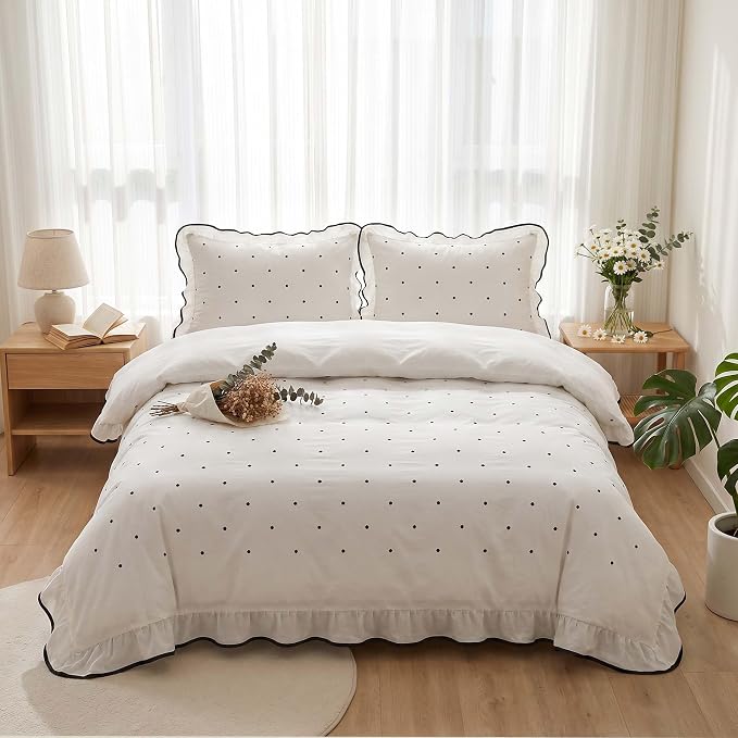 Nayoroom Polka Dot Duvet Cover Queen Size Elegant White Ruffle Duvet Cover 3 Pieces Soft Breathable Microfiber Cute Princess Black Dot Bedding Set