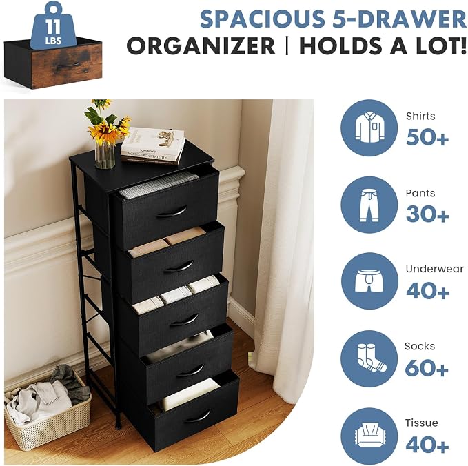 DUMOS Nightstand with 5 Drawers, Bedside Table with Removable Fabric Bins, Sturdy Steel Frame Wood Top Skinny Dresser for Bedroom Closet Living Room, Black