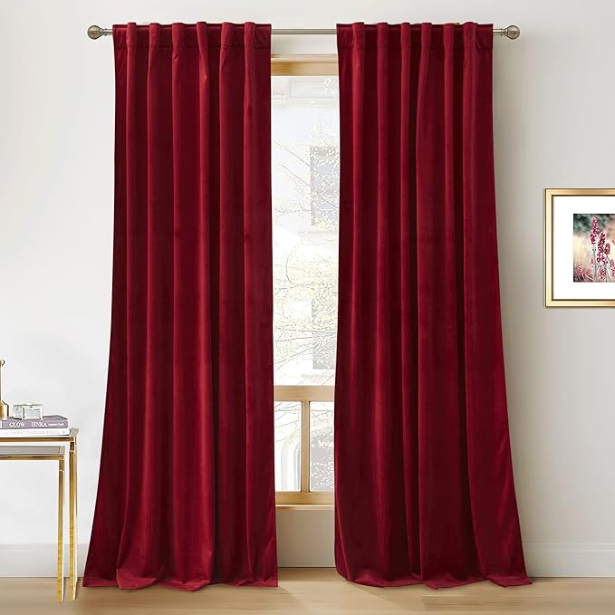 RYB HOME Red Velvet Curtains 100 inches Long, Long Floor Length Drapes | Room Darkening, Thermal Insulated, Luxurious Home Decor, Curtains for Living Room Bedroom Patio, W52 x L100, 2 Panels Set