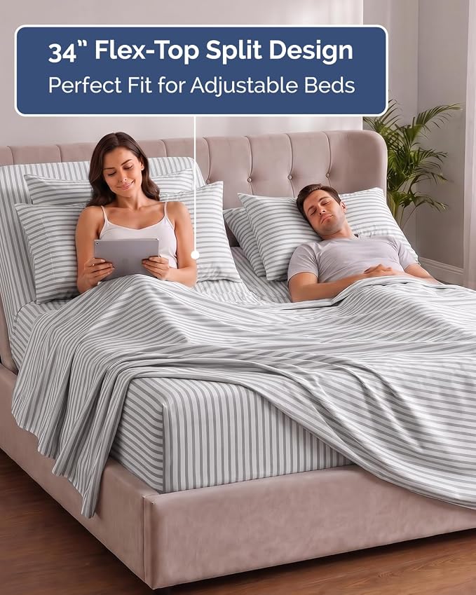 Extra Deep Flex Top Split Head King Sheet Set - 6 Piece Breathable and Cooling Sheets - Hotel Luxury Bedding for Women, Men, Kids & Teens - Easy Secure Fit - Extra Deep Pockets - Grey Stripes 2