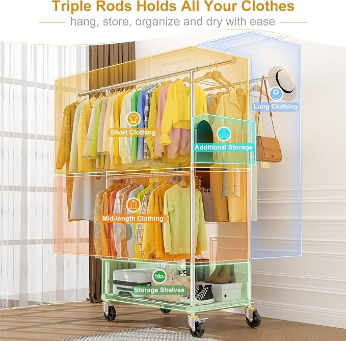100% Stainless Steel Heavy Duty Clothes Rack Load 960LBS, Three Rods Clothing Racks for Hanging Clothes Extendable, Rolling Garment Rack With Sturdy Wheels Shelves Hooks, Portable Closet Wardrobe Rack