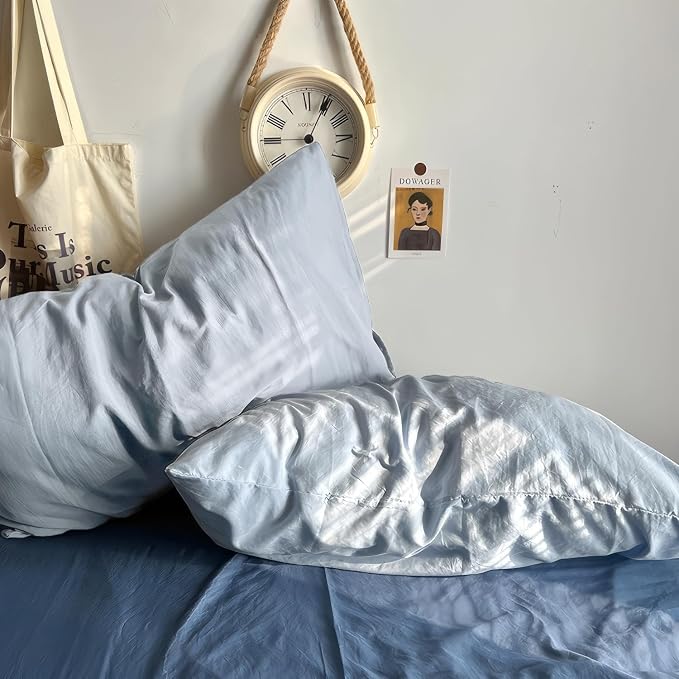 mixinni 100% Washed Cotton Duvet Cover Set King Size, Solid Light Blue Ocean Themed Chic Bedding, Soft Breathable Minimalist Comforter Cover with Zipper Closure & Corner Ties-King Size