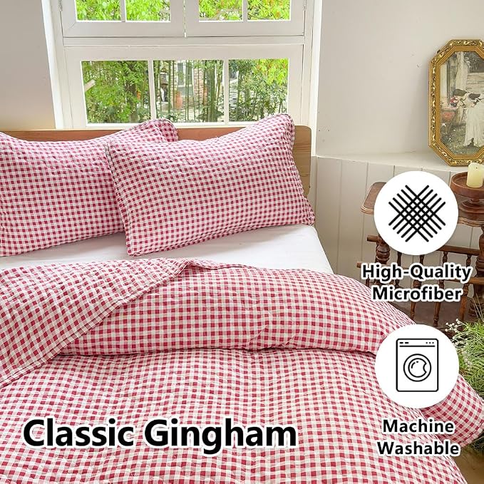 NSNLGSGC Red Gingham Queen Summer Bedspread Quilt Set | Pre-washed Microfiber,Lightweight Checked Grid Bedding Coverlets for All Seasons