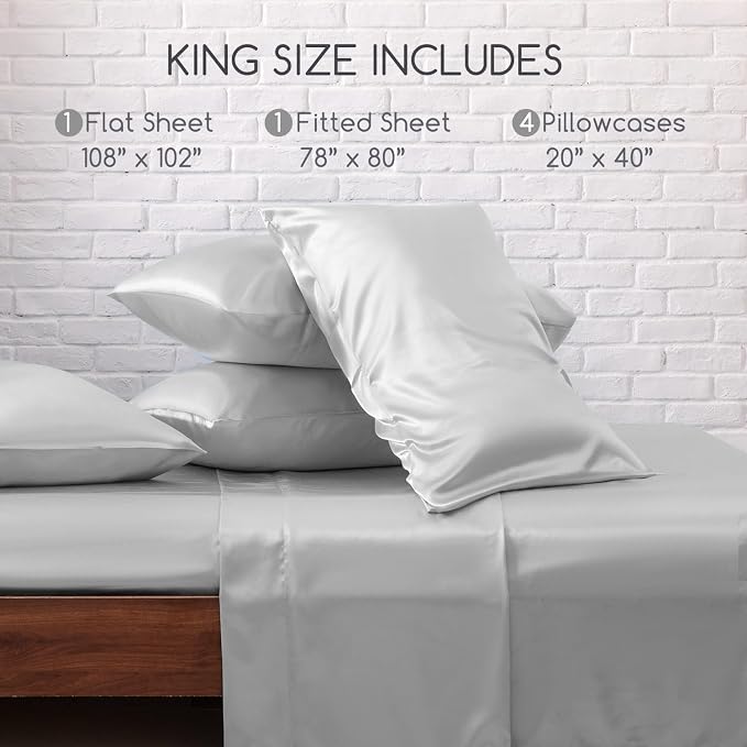 MR&HM Satin Sheets King Size with Elastic Corner Straps, Silver Grey | Similar to Silk, 6-Piece Silky Soft Bed Sheet Set, Gentle on Skin and Hair, 15" Deep Pocket, Cooling & Breathable