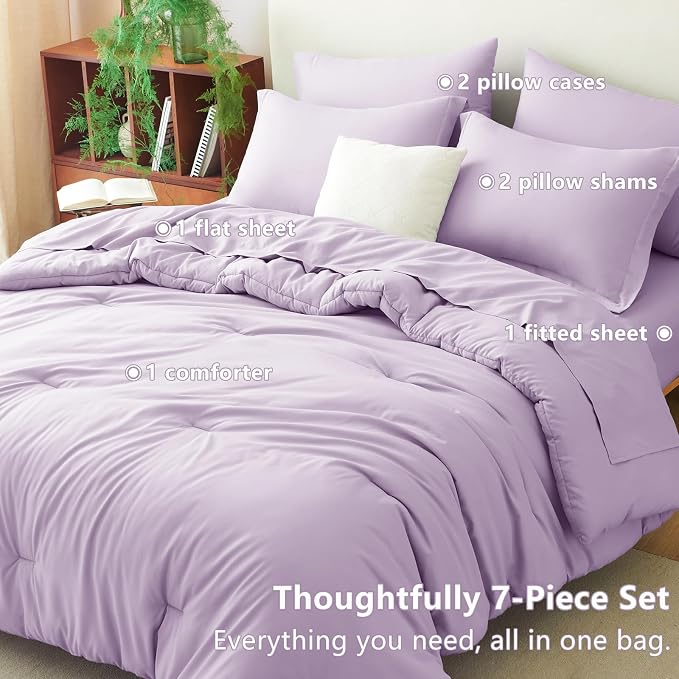 King Size Comforter Set Lavender, 7 Pieces Bed in a Bag | OEKO-TEX Certified, All-Season, Bedroom, 240GSM Down Alternative Comforter, Flat & Fitted Sheets, 2 Pillowcases & 2 Shams