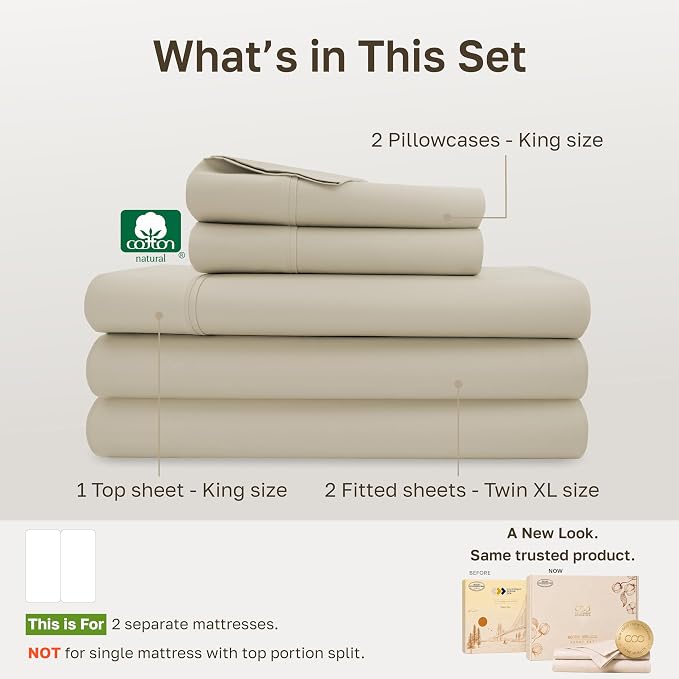 California Design Den Soft 100% Cotton Split King Bed Sheets, 5 Pcs, Beige | 400 Thread Count with Good Housekeeping Seal, Split King Sheets Sets for Adjustable Bed with 2 Separate Twin-XL Mattresses