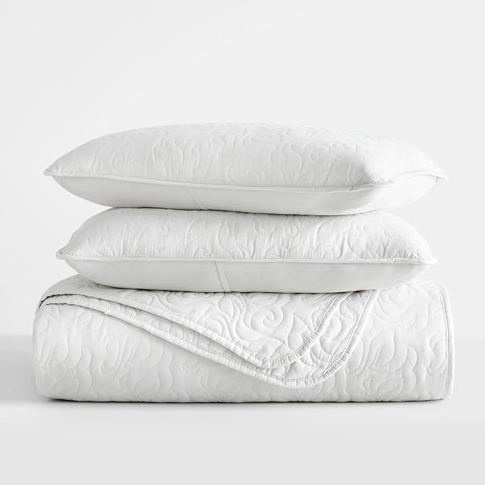 Merit Linens Modern Quilt Coverlet Soft Set in Floral Stitching - King/Cal-King White