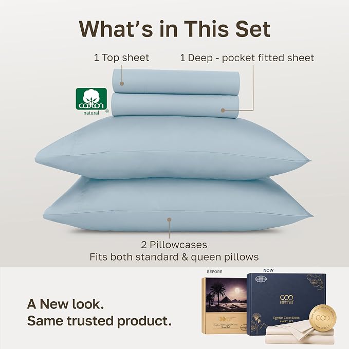 California Design Den 100% Egyptian Cotton Full Sheets, 4 Pcs, Light Blue | Backed by Good Housekeeping Seal, Light & Airy Soft Sateen, 15" Deep Pocket, All-Around Elastic, Durable, Easy Care 4pc Set