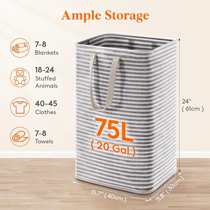 Lifewit 75L Large Collapsible Laundry Basket with Extended Handles, Black | Foldable Laundry Hamper, Tall Dirty Clothes Basket, Waterproof, Freestanding Design for Bedroom, Bathroom, College Dorm