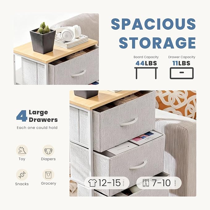 DUMOS Nightstand with 4 Drawers Bedside Table with Removable Fabric Bins Sturdy Steel Frame Wood Top Organizer Furniture for Bedroom Closet Living Room, Ash
