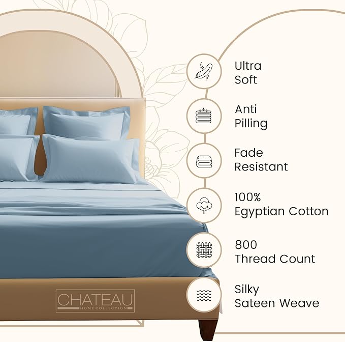 Egyptian Cotton Sheets For King Size Bed, King Sheet Set - French Blue | 800 Thread Count 15" Deep Pocket Sateen Weave 4 Piece Sheet & Pillowcase Sets, Soft, Naturally Breathable & Cooling Sheets