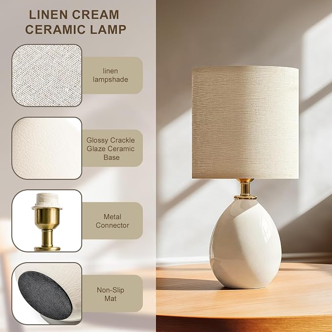 18.5" Ceramic Table Lamps Set of 2 for Living Room Bedroom, White | Bedside Lamps for Bedroom Nightstand, Ice Crackle Home Bedroom Living Room Decor, Linen Fabric Shade, 3-Color Temperature