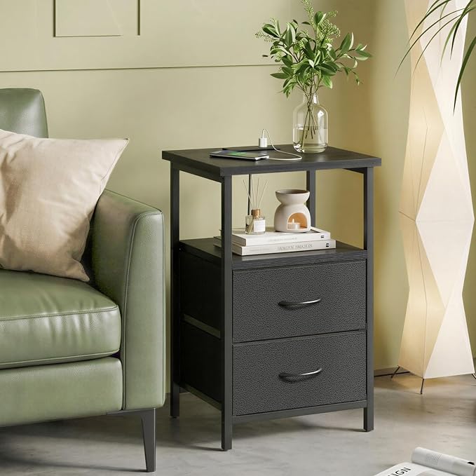 Fixwal Night Stand with Charging Station, 2 Fabric Drawers, Black | built-in bedside charger, 2 AC outlets & 2 usb ports, 2 wooden shelves, end table with storage, bedroom, living room
