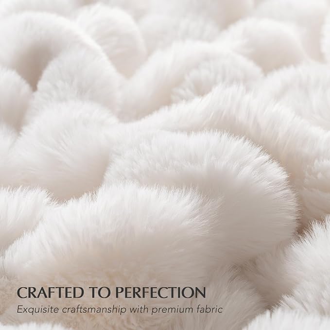 EverGrace Faux Rabbit Fur Bubble Throw Blanket, 50"x60", Ivory White | Ultra Soft, Luxury Faux Rabbit Fur Throw, Thick Warm Bubble Blanket, Cozy Fluffy Reversible, for Bed, Couch, Chair, Sofa