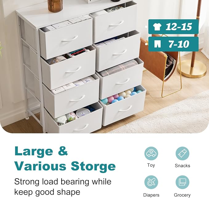 OLIXIS 8 Drawer Storage Dresser for Bedroom, White Closet Organizers Units | Fabric Dresser with Wooden Top, Chest of Drawers Clothes Storage, Tower Cabinet for Living Room, TV Stand Furniture