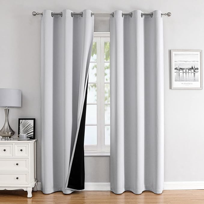 ChrisDowa 100% Blackout Curtains for Bedroom 84 Inches Long 2 Panels Set | 2 Thick Layers, Thermal Insulated, Light Blocking, Grommet, Window Treatment, Living Room Drapes, Greyish White, 38 x 84 Inch