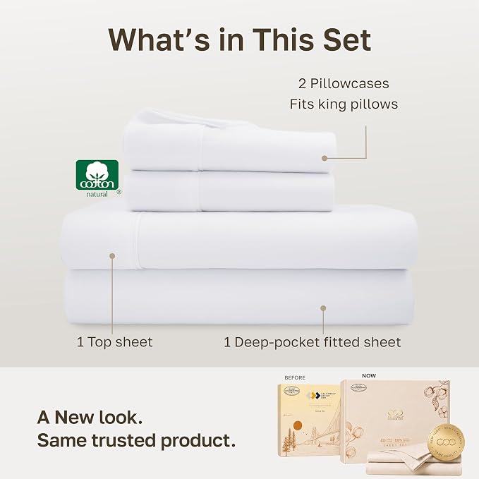 California Design Den 100% Cotton Sateen California King Sheet Sets, White | 400 Thread Count Backed by Good Housekeeping Seal, 16" Deep Pocket, All-Around Elastic, Durable, Easy Care