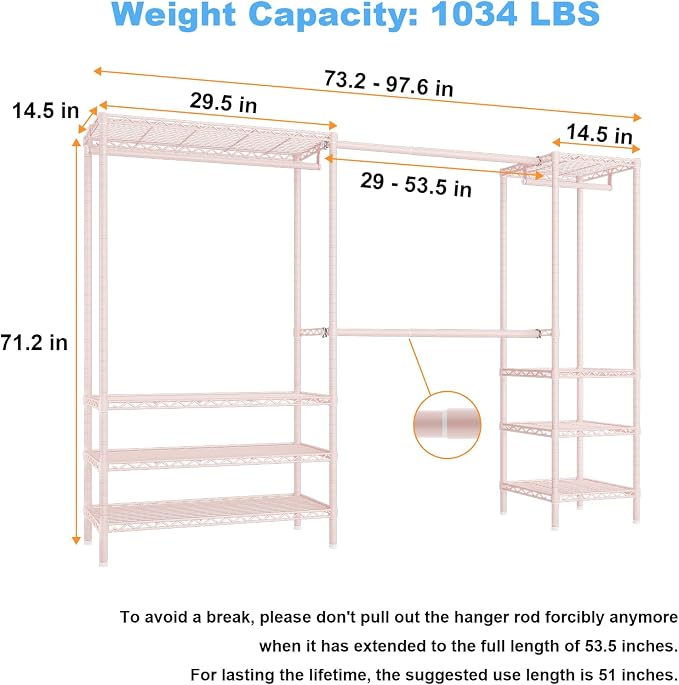 Ulif E11 Heavy-Duty Closet Garment Rack, Metal Clothes Rack, Load 1034lbs | Pink Freestanding Expandable Clothing Storage Organizer System for Hanging Clothes, (73.2-97.6)"W x 14.5"D x 71.2"H,