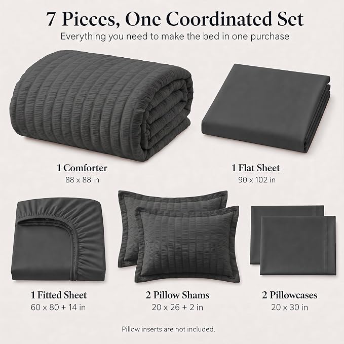 Queen Comforter Set, 7 Pieces Dark Grey Seersucker Bed in a Bag | OEKO-TEX Certified, All Season Bedding Set with 240 GSM Down Alternative Comforter, Flat & Fitted Sheets, Pillowcases & Shams