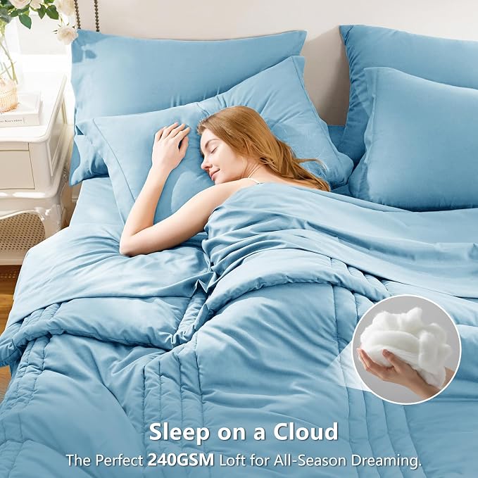 Queen Comforter Set Aqua Blue - 7 Pieces Bed in a Bag | OEKO-TEX Certified, 240GSM Down-Alternative Comforter, 14" Deep-Pocket Sheets, Shams & Pillowcases, Lightweight
