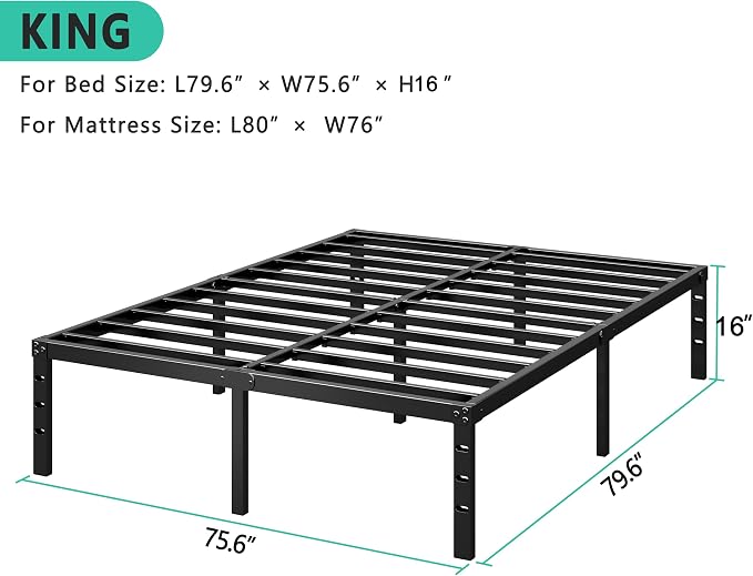 HLIPHA Metal Platform Bed Frame 16 Inch Tall,No Box Spring Needed,King Size Bed with Heavy Duty Strong Support Slats,Easy to Assemble,Black