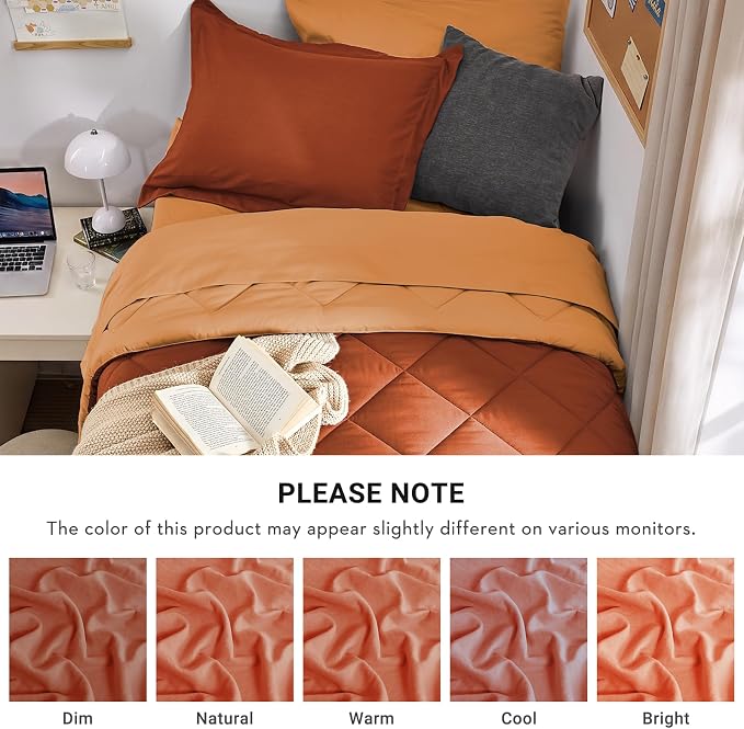 5 Pieces Twin XL Comforter Set, Reversible Bed in a Bag Twin XL Size, All Season Bedding Set with Comforter, Flat Sheet, Fitted Sheet, Pillowcases & Shams, Burnt Orange & Camel
