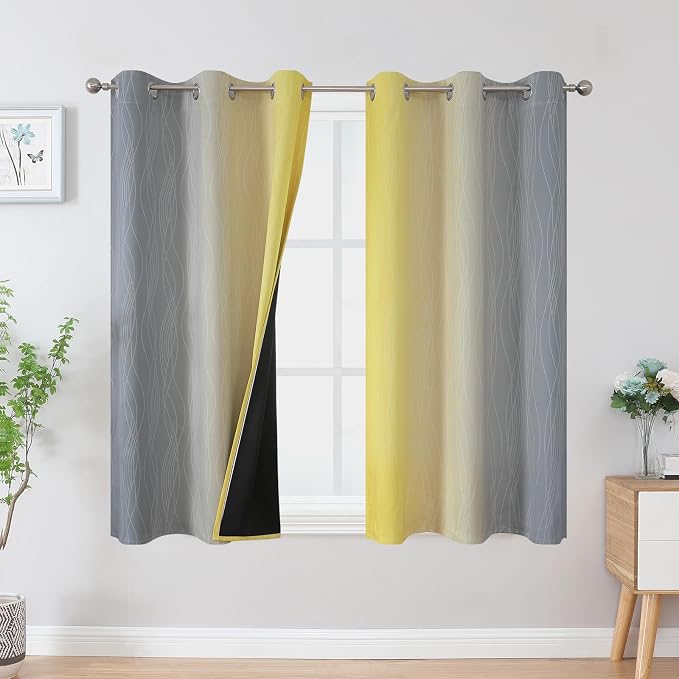 Yellow and Grey Ombre Blackout Curtains for Living Room 42Wx54L Inch Length | Estelar Textiler Room Darkening Gradient Curtains for Bedroom,Thermal Insulated,Light Blocking Grommet Window Drapes,2 Panels