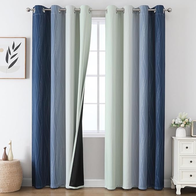 Sage Green and Navy Blue Ombre Blackout Curtains for Living Room 90 Inch | Estelar Textiler Thermal Insulated Drapes for Bedroom,Full Room Darkening Gradient Grommet Window Drapes,52Wx90L,2 Panels