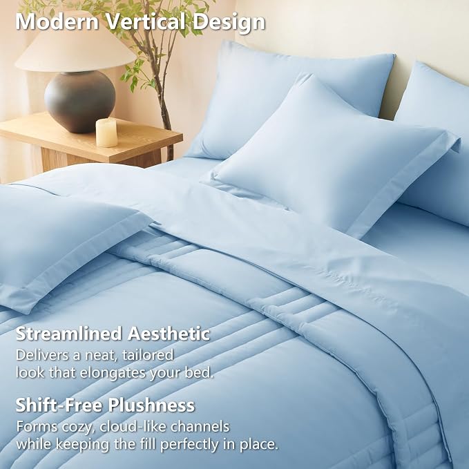 Queen Comforter Set Baby Blue - 7 Pieces Bed in a Bag | OEKO-TEX Certified, 240GSM Down-Alternative Comforter, 14" Deep-Pocket Sheets, Shams & Pillowcases, Lightweight