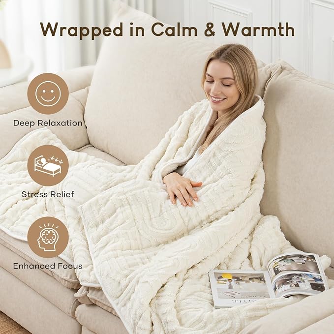 Cottonblue Weighted Blanket for Adults King Size 15lbs 80"x87" Soft Sherpa | Cozy Fleece Jacquard Weighted Blankets Throw for Sleep Calm Relax, Fuzzy Warm Arch Sofa Couch Blanket, Cream White, Washable