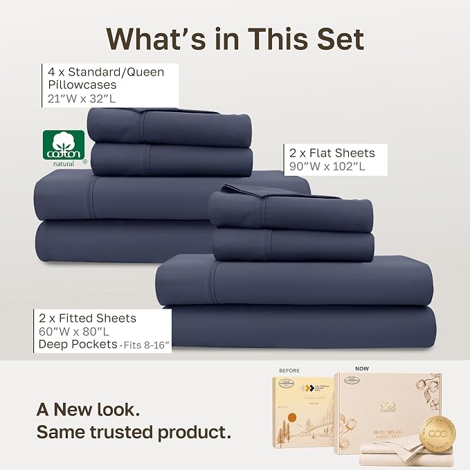 California Design Den 2-Pack 100% Cotton Sateen Bed Sheets Queen Size Set | 400 Thread Count Backed by Good Housekeeping Seal, 16" Deep Pocket, All-Around Elastic, Durable, Easy Care -Indigo Dusty Blue
