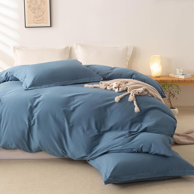 OAITE Duvet Cover Set 100% Washed Cotton Solid 3pcs | Soft,Durable,Long-staple Cotton,Hidden Zipper with 8 Interior Corner Ties,2 Pillowcases,68"X90"