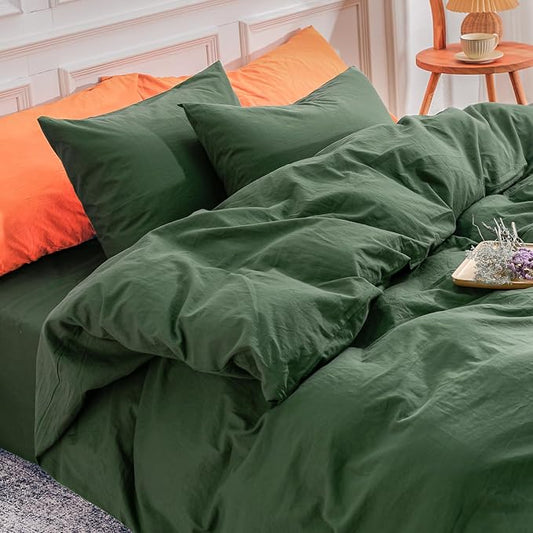 NEXHOME PRO Duvet Cover Set Twin Size Linen Feel Textured Organic Natural 100% Washed Cotton Duvet Cover 2 Pieces Bedding Set with Zipper Closure, Breathable, Forest Green (No Comforter)