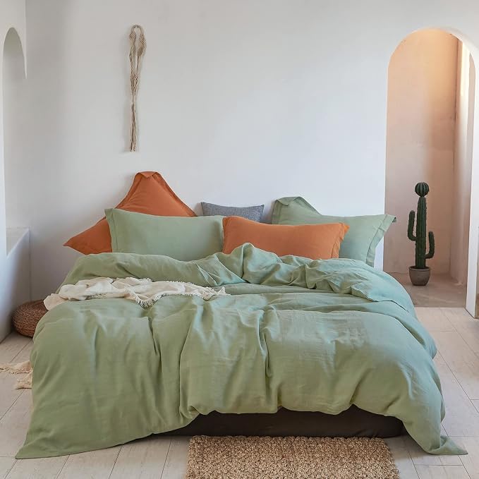 Simple&Opulence 100% Linen Duvet Cover Set 3pcs Basic Style Natural French Washed Flax Solid Color Soft Breathable Farmhouse Bedding with Button Closure - Sage Green, Full