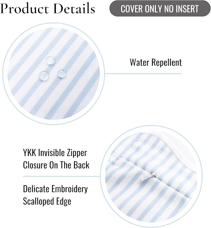 Hofdeco Premium Coastal Patio Indoor Outdoor Scalloped Lumbar Pillow Cover Only, 12"x20" Water Repellent for Backyard, Couch, Baby Blue Print Stripes