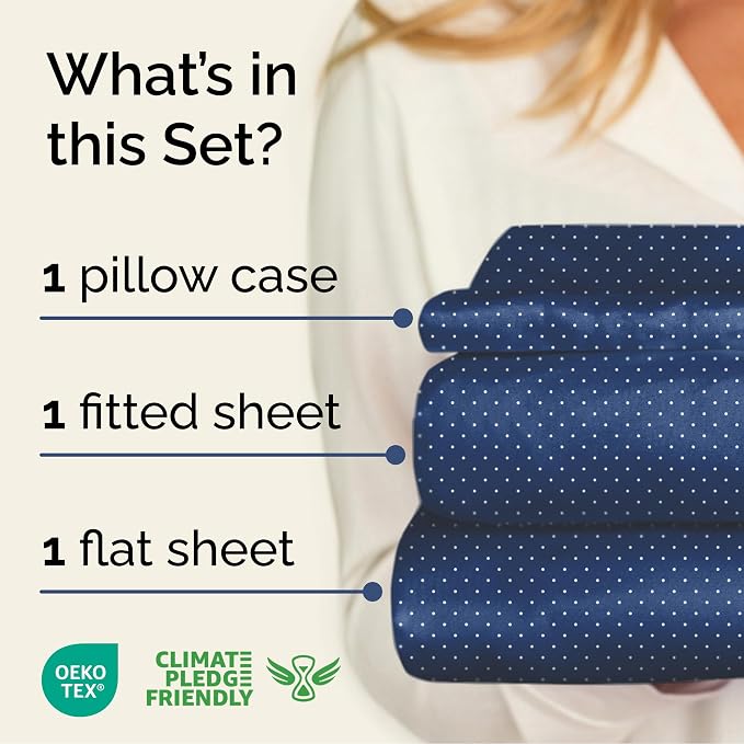 Twin 3 Piece Striped Sheet Set - Breathable & Cooling - Navy Microdots | 1 Flat, 1 Fitted & 1 Pillowcase w/ Deep Pockets, Luxury Striped Bedding, Soft, Breathable & Cooling, Wrinkle & Fade Free