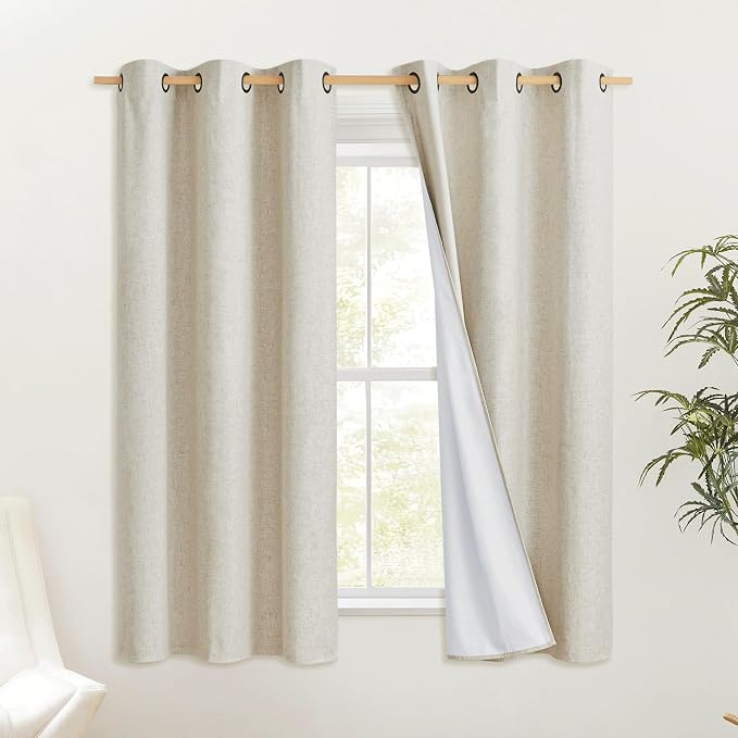 NICETOWN Natural Blackout Curtains for Kitchen 34" Wide x 48" Long 2 Panels | Rustic Grommet Thermal Insulated Full Light Blocking Energy Saving Window Draperies with White Liners for Cupboard Home Decor