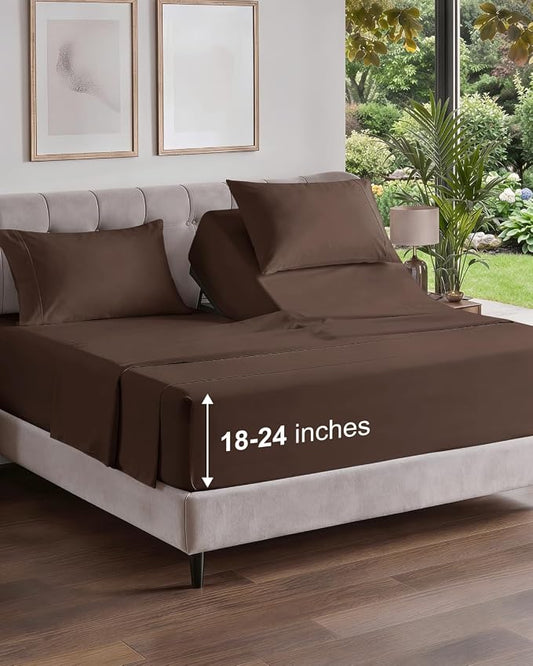 Flex Top Split Head King Sheet Set - 4 Piece Extra Deep Sheets - Brown | Easily Fits 18 to 24 inch Mattress, Ultra Soft, Wrinkle & Fade Free with Extra Deep Pockets, Comfy Hotel Luxury Bedding