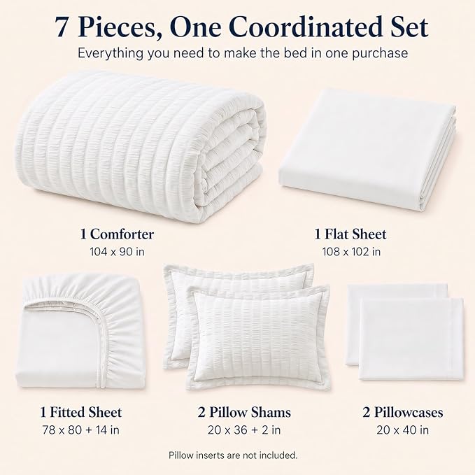 King Size Comforter Set, 7 Pieces White Seersucker Bed in a Bag | OEKO-TEX Certified, All Season Bedding Set with 240 GSM Down Alternative Comforter, Flat & Fitted Sheets, Pillowcases & Shams
