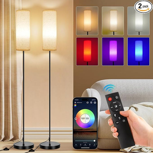 FRIDEKO HOME 2 Pack Floor Lamps for Living Room, 9W 800LM Bulbs Beige Shade | Music Sync Light, App & Remote Control, Dimmable & Adjustable Color Temperature Standing Lamp for Living Room Bedroom Gaming