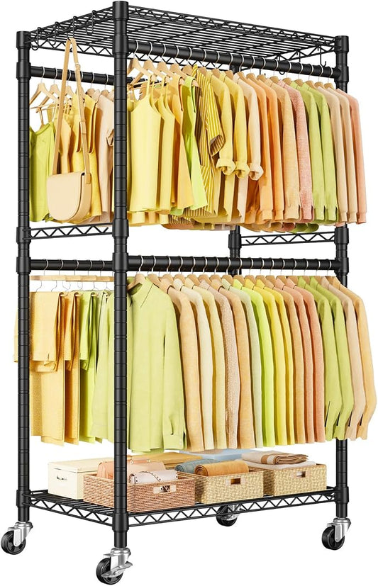 P4 Rolling Clothes Rack, Clothing Racks for Hanging Clothes, Black | Heavy Duty Garment Rack with Wheels, 2-Tier Free Standing Portable Closet Racks 35.5''W × 20.5''D × 80.5''H, Max Load 560Lbs