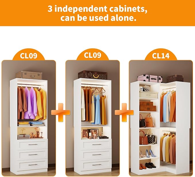 Closet System with 6 Drawers, Corner Closet Organizer Systems with 8 Shelves & 7 Hanging Rods L-Shaped Walk in Closet Freestanding Corner Tower Modular Storage System 3 Sets 2100+ Lbs Capacity White