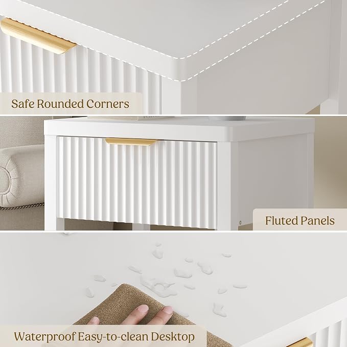 Night Stand Set 1, Fluted Wood Bedside Table w/Socket Station for Bedroom | White, Storage Drawer, Open Shelf, Metal Silent Rails, Round Corners, Modern Fluted Panel, Living Room, Bedside Table