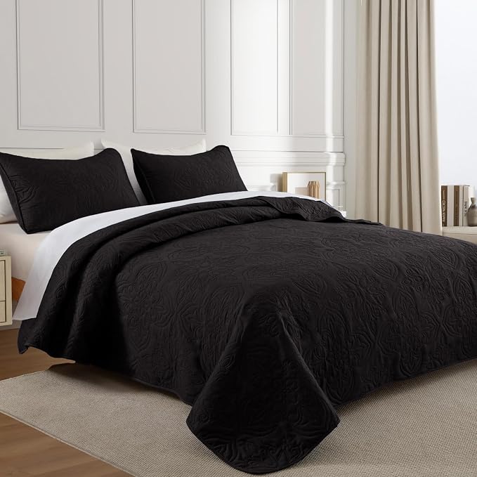 Whale Flotilla King Quilt Bedding Set Vintage Damask Reversible Bedspread | Suitable for Bed, 3 Pieces Black Lightweight Breathable Quilt King Size, Ultrasonic Coverlet Bed Cover with 2 Pillow Shams